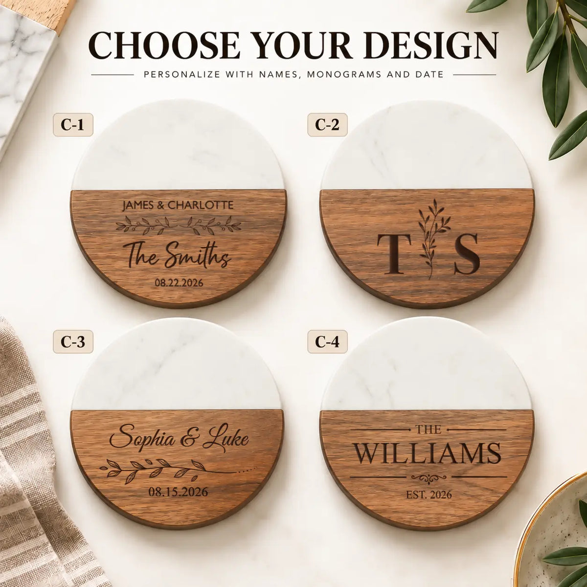 Personalized Marble & Wood Coasters