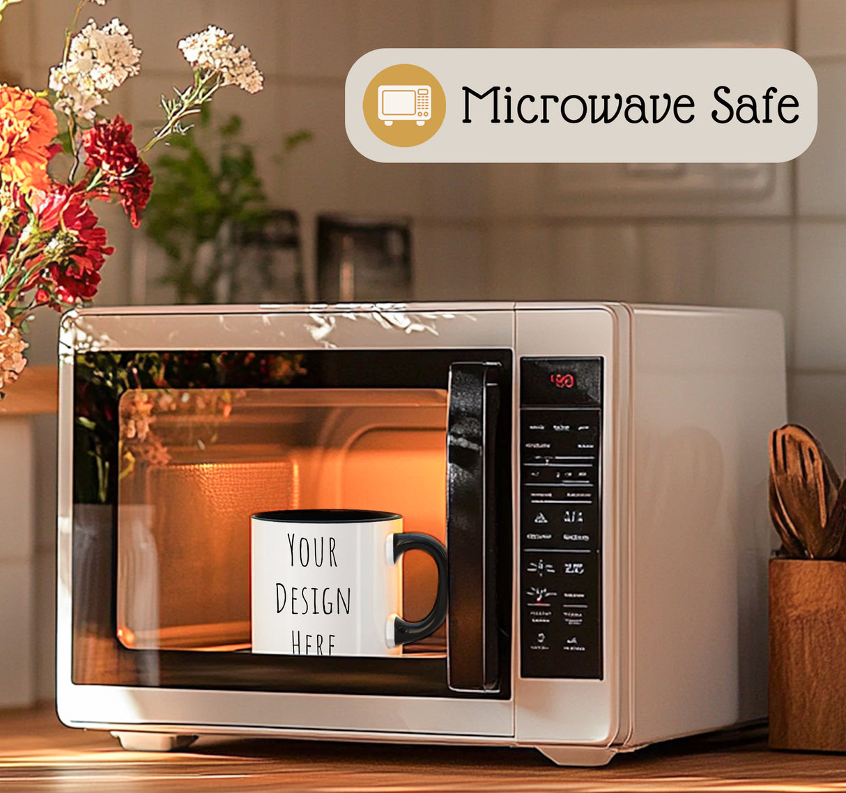Microwave oven with a mug inside, labeled 'Microwave Safe', on a kitchen counter.