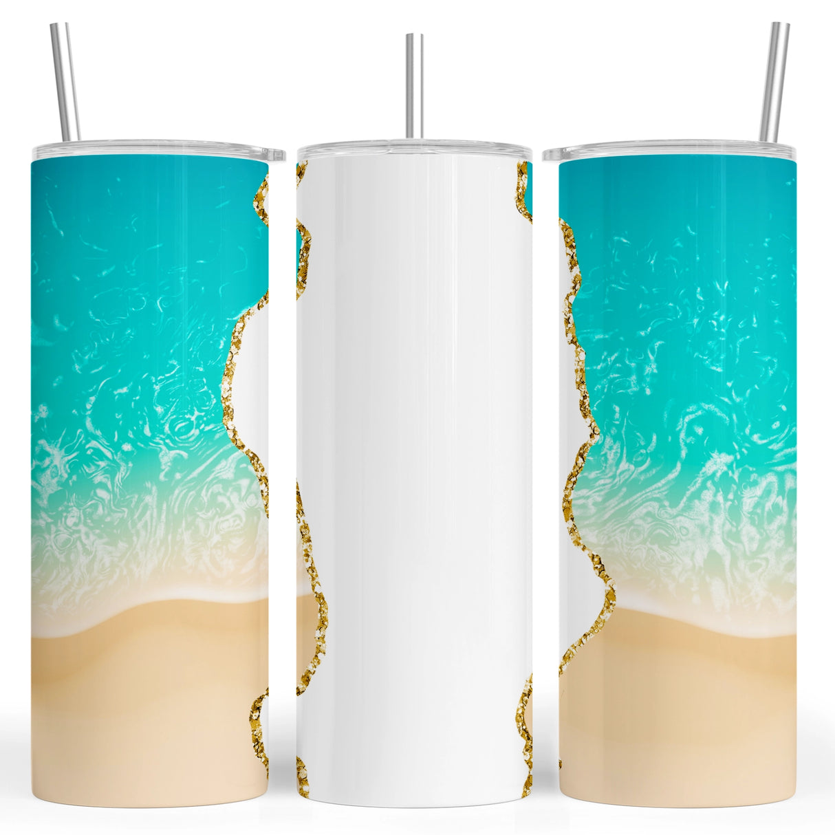 Three tumblers with beach-themed design featuring turquoise water, sand, and gold accents. comes with lid Preview picture