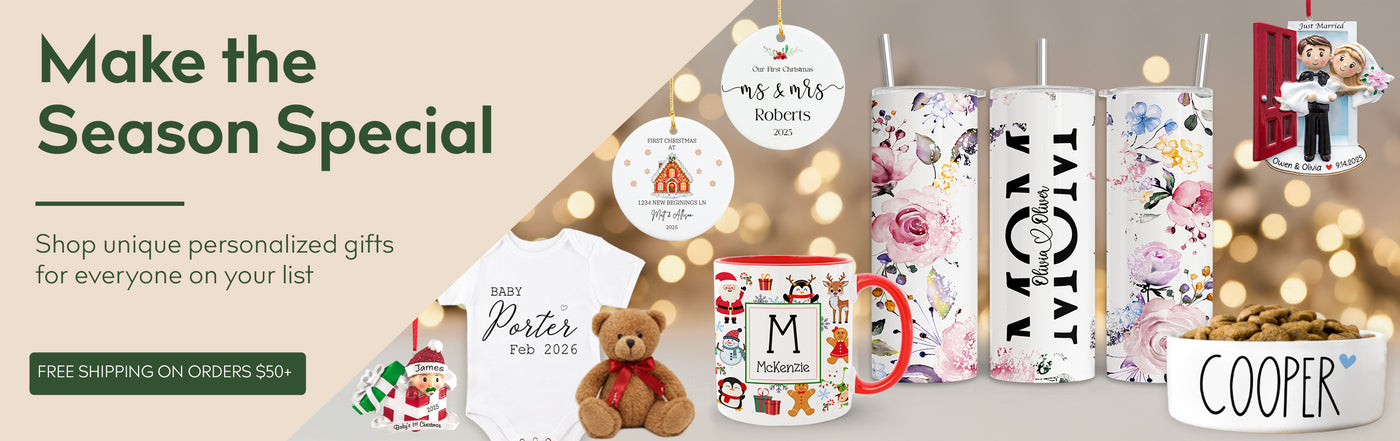 Personalized gifts including mugs, ornaments , tumblers, and baby bodysuit on a decorative background with text promoting personalized gifts.