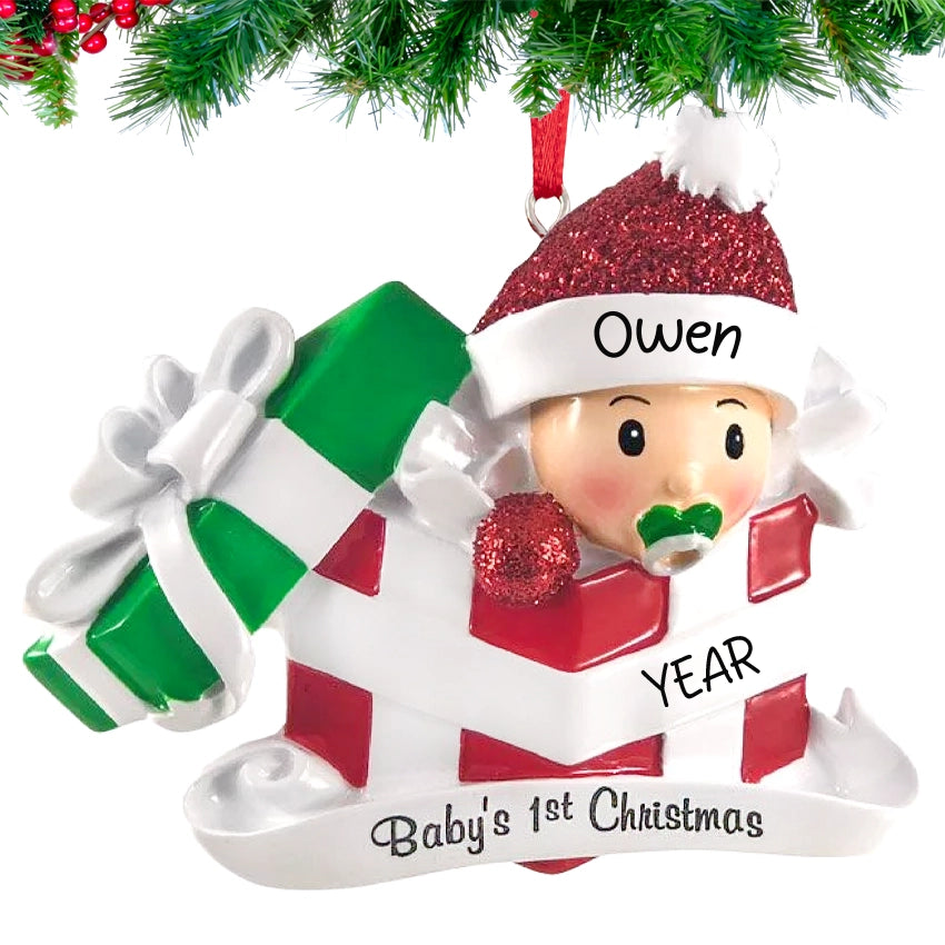 Personalized Baby's First Christmas Ornament - Red Present Box 2025