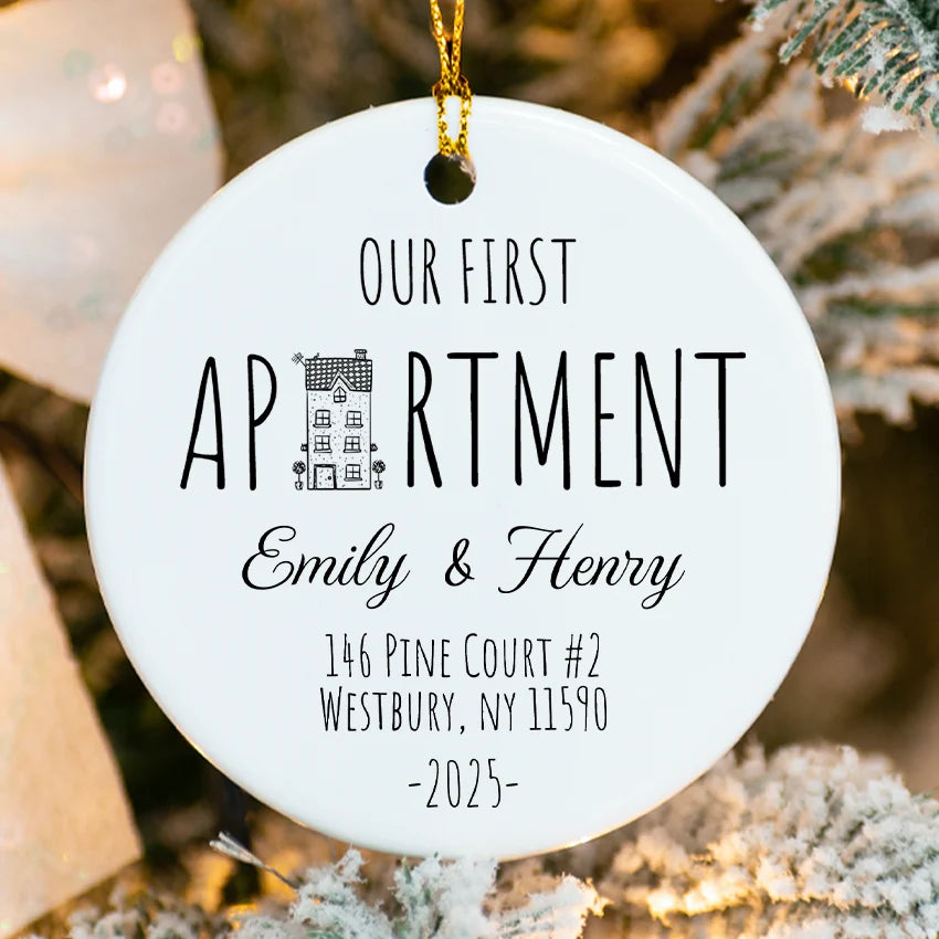 Our First Apartment ceramic ornament with city skyline and personalized address 2025