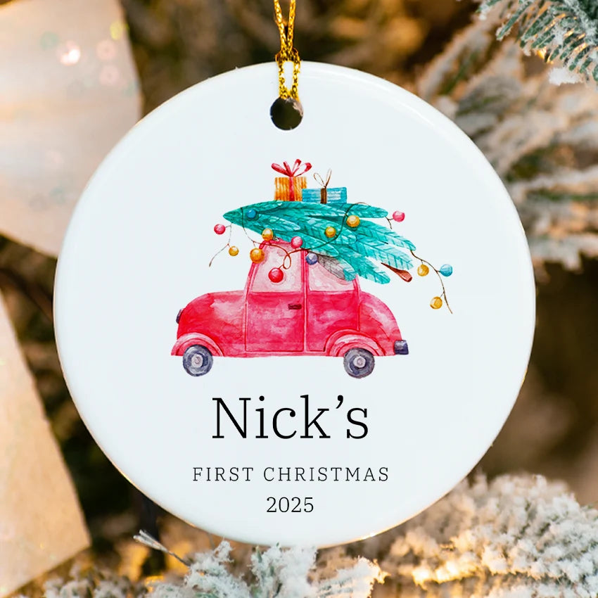 Detailed close-up of the ornament showing resin texture and hand-lettered name