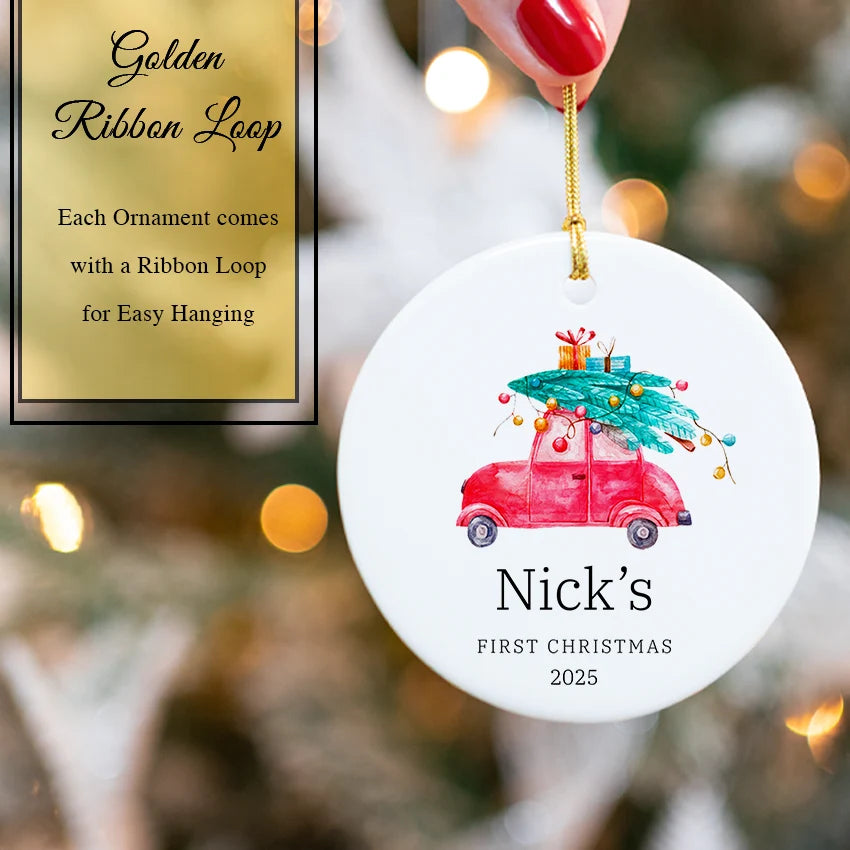 Personalized First Christmas Round Ornament - Baby Boy Car