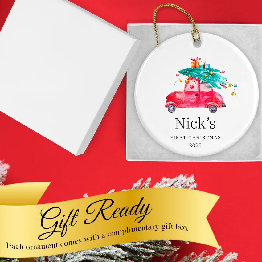 Personalized First Christmas Round Ornament - Baby Boy Car