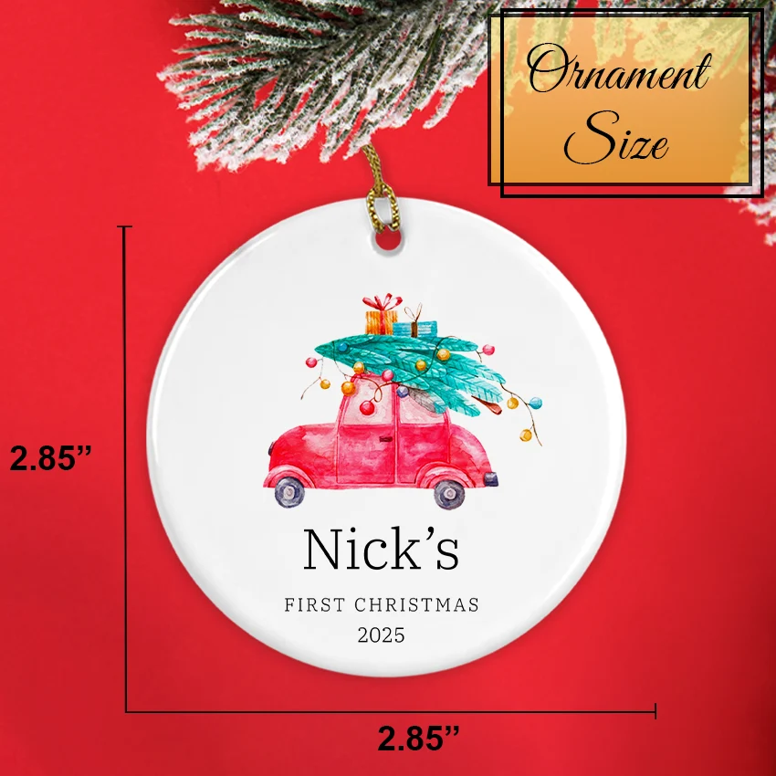 Personalized First Christmas Round Ornament - Baby Boy Car
