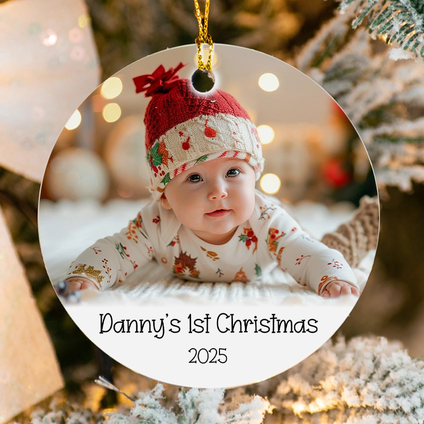Custom baby photo ornament with a personalized picture of a smiling newborn and the name 'Danny'.