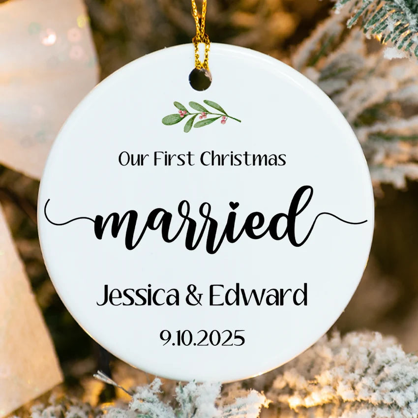 Close-up of high-gloss porcelain ornament showing fused names and year