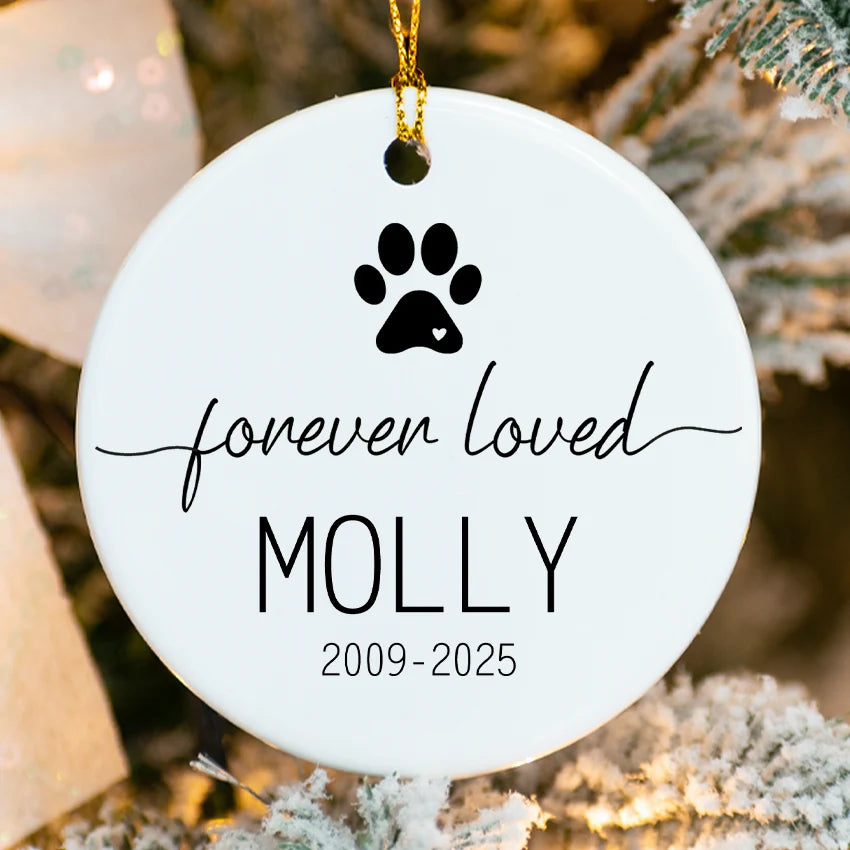 Round white ornament with black paw print and text 'forever loved MOLLY 2009-2025' on a Christmas tree.