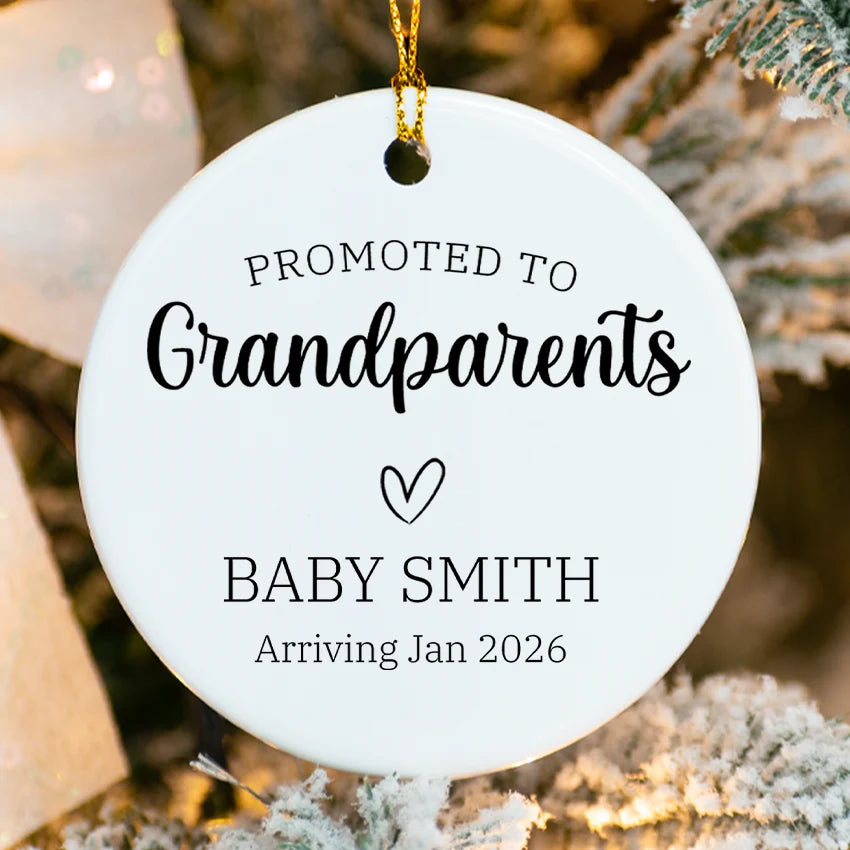 Promoted to Grandparents porcelain ornament with heart design and custom baby name 2025