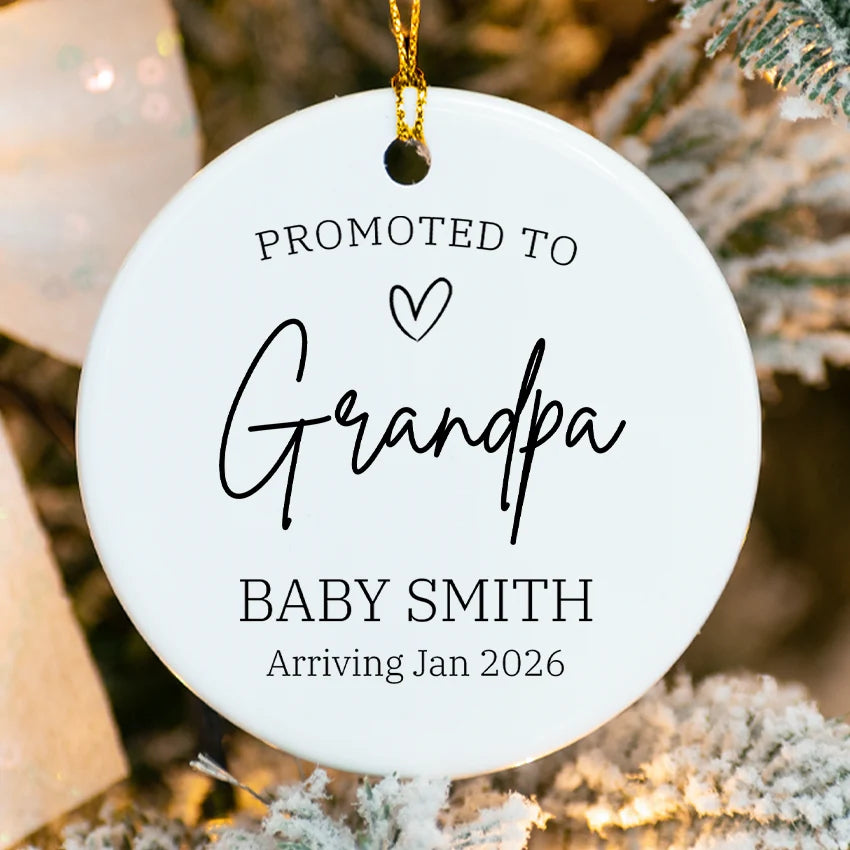 Promoted to Grandpa ceramic ornament with heart and personalized baby name 2025