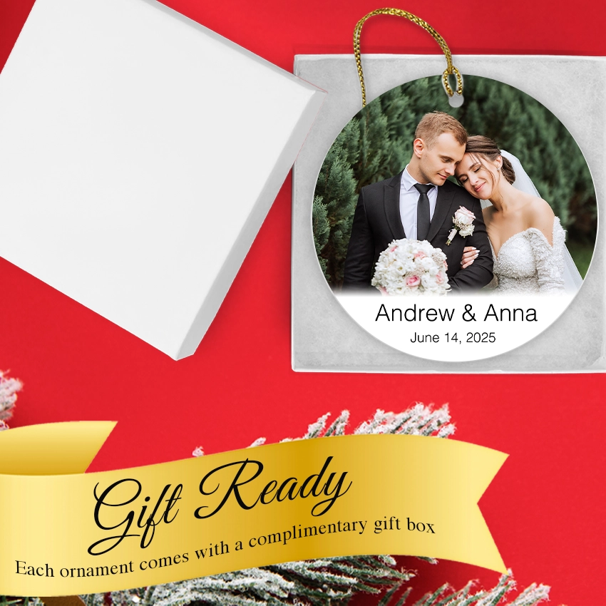 Personalized Married Christmas ornament with a couple's photo and text on a red background. Gift Box included.