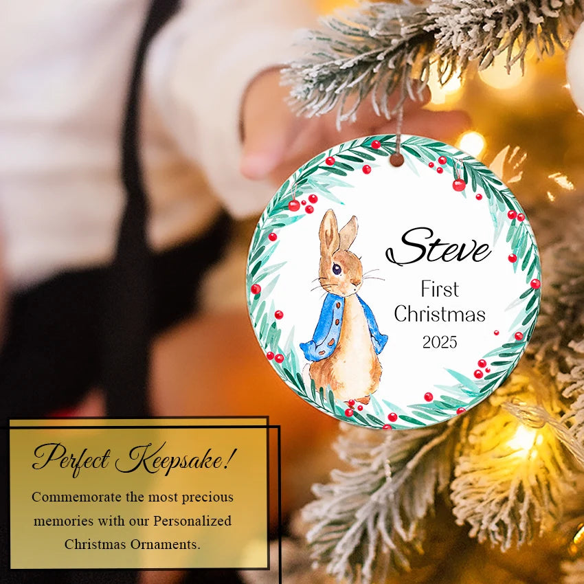 Close-up of Bunny Boy ornament showing glossy porcelain finish and hand-lettered name detail