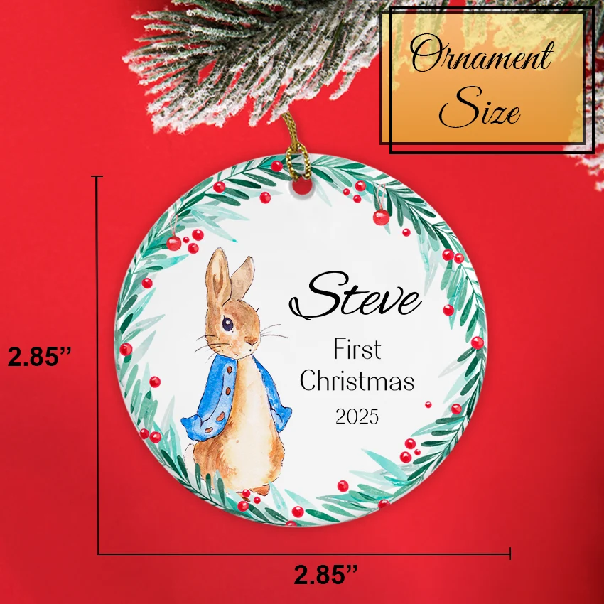Christmas ornament with a rabbit illustration and text on a red background