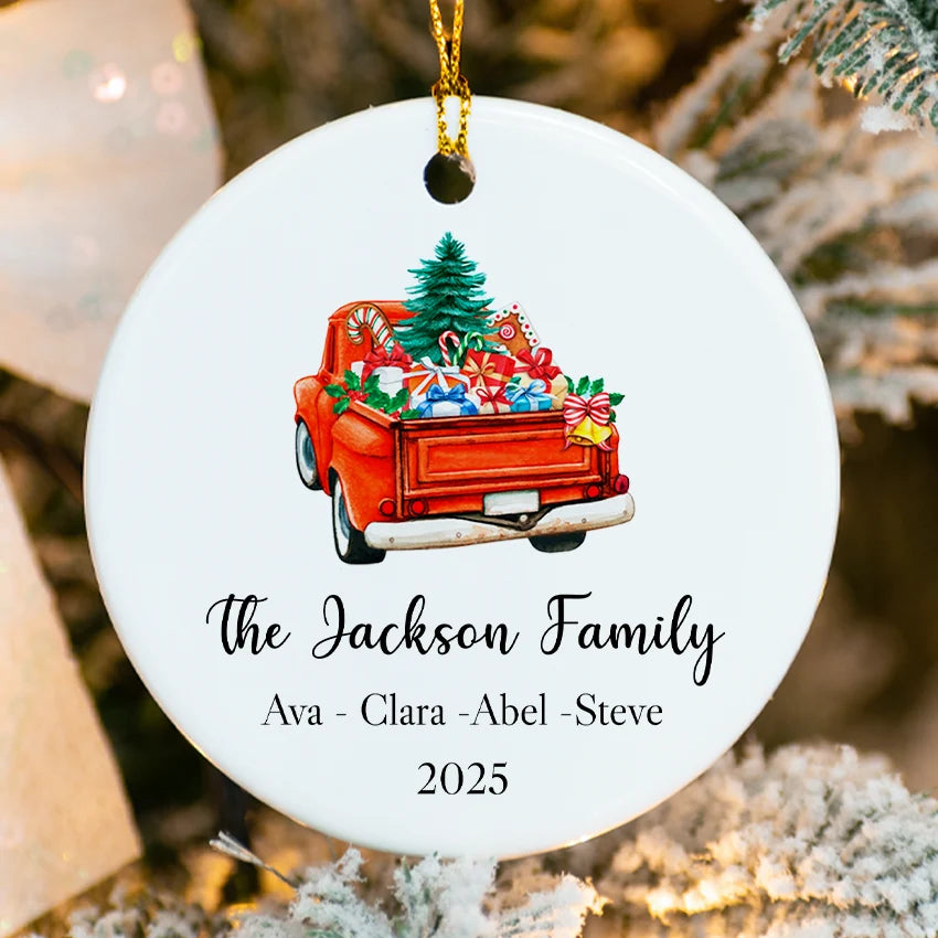 Round ceramic ornament with red Christmas truck and personalized family name