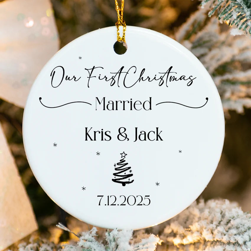 Personalized First Christmas as Newlyweds ornament with pine sprigs and custom names 2025