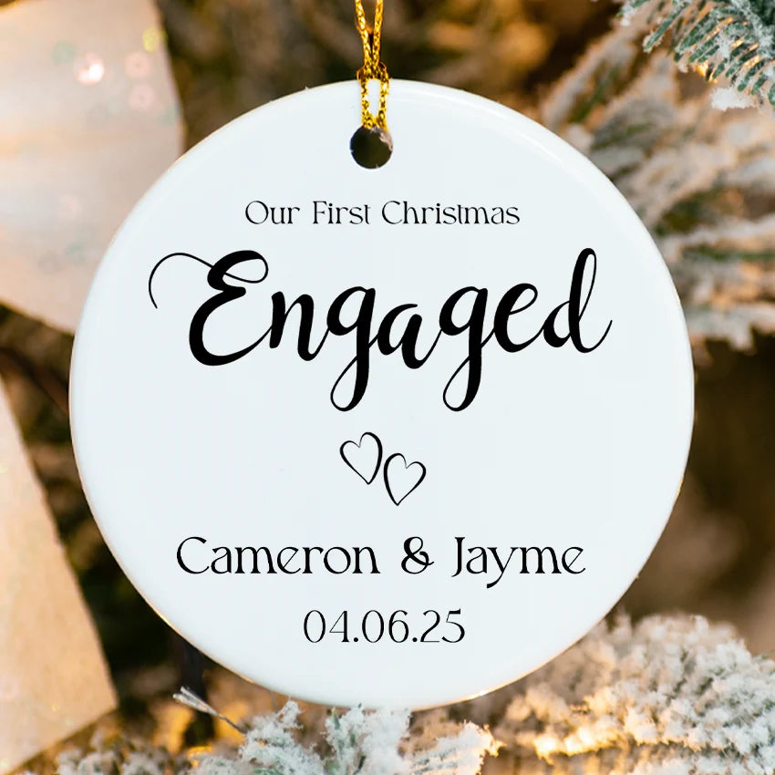 Engagement Christmas ornament with two interlocked hearts and custom names 2025
