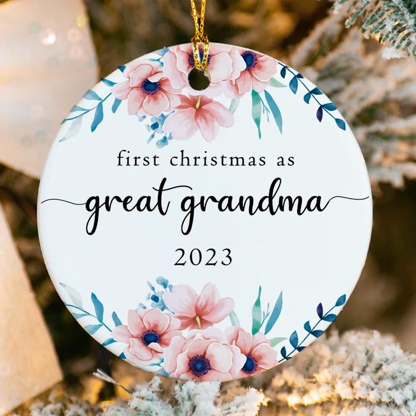 First Christmas as Great‑Grandma ornament with flower wreath and custom 2025