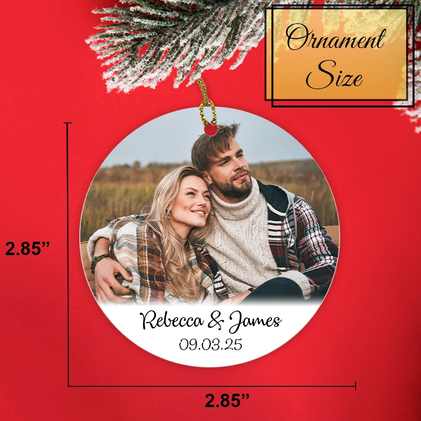 Personalized photo ornament with a couple's picture and names and date on a red background. Ornament size 2.85 in x 2.85 in.