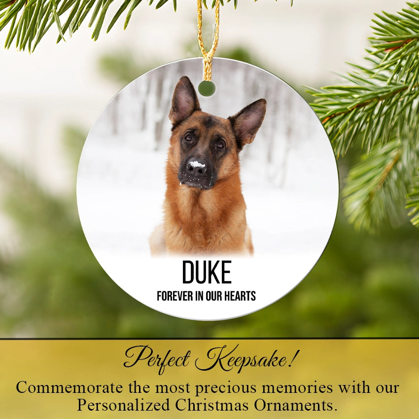 Round ceramic dog ornament with 'DUKE' and 'Forever in Our Hearts' text, hanging on a tree.