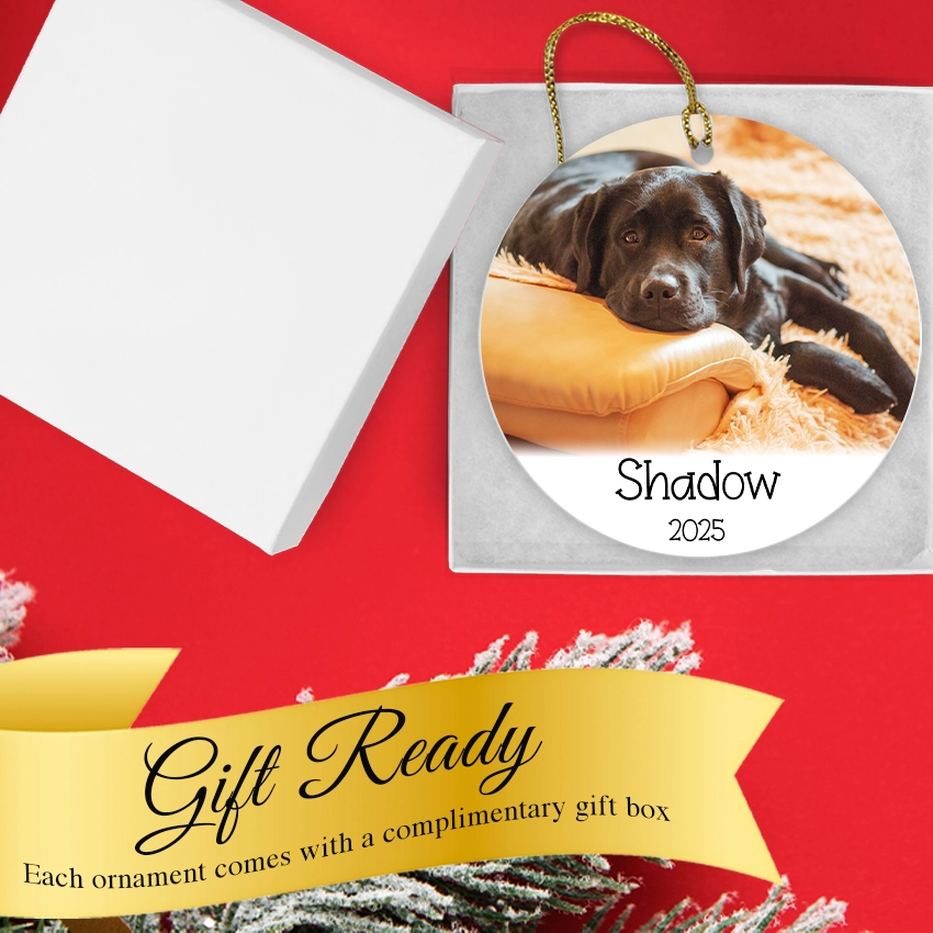 Personalized dog photo ornament with 'Shadow' and '2025' on a red background with gift box text.