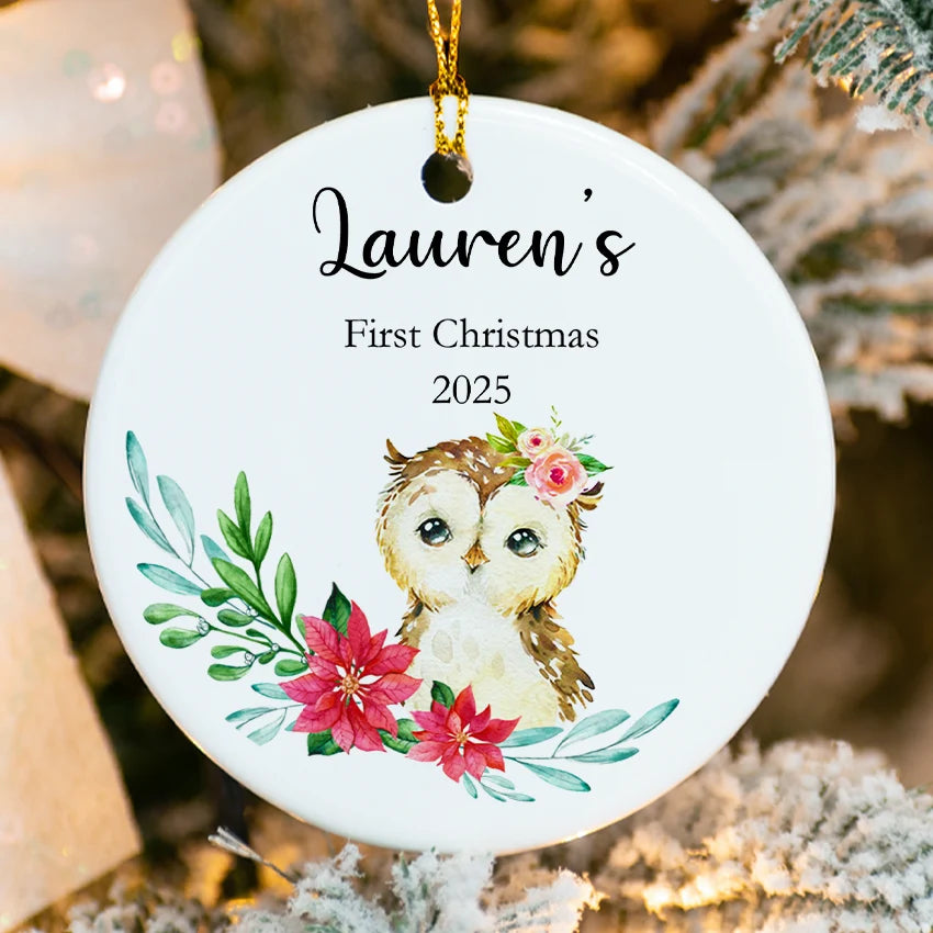 Round ornament with cute owl design, personalized with baby’s name and year 2025.