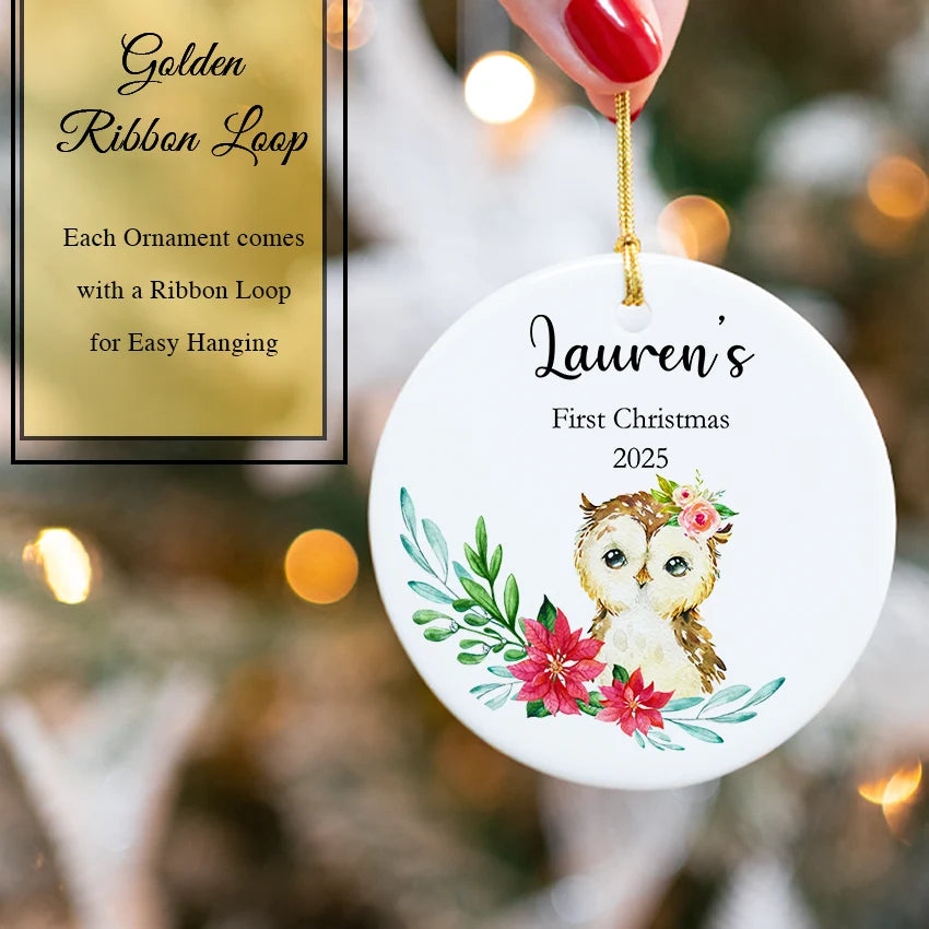 Personalized Baby's First Round Owl Christmas Ornament 2025