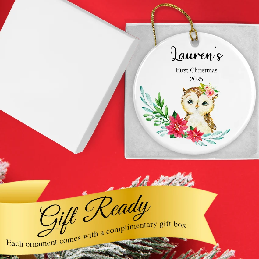Personalized Baby's First Round Owl Christmas Ornament 2025