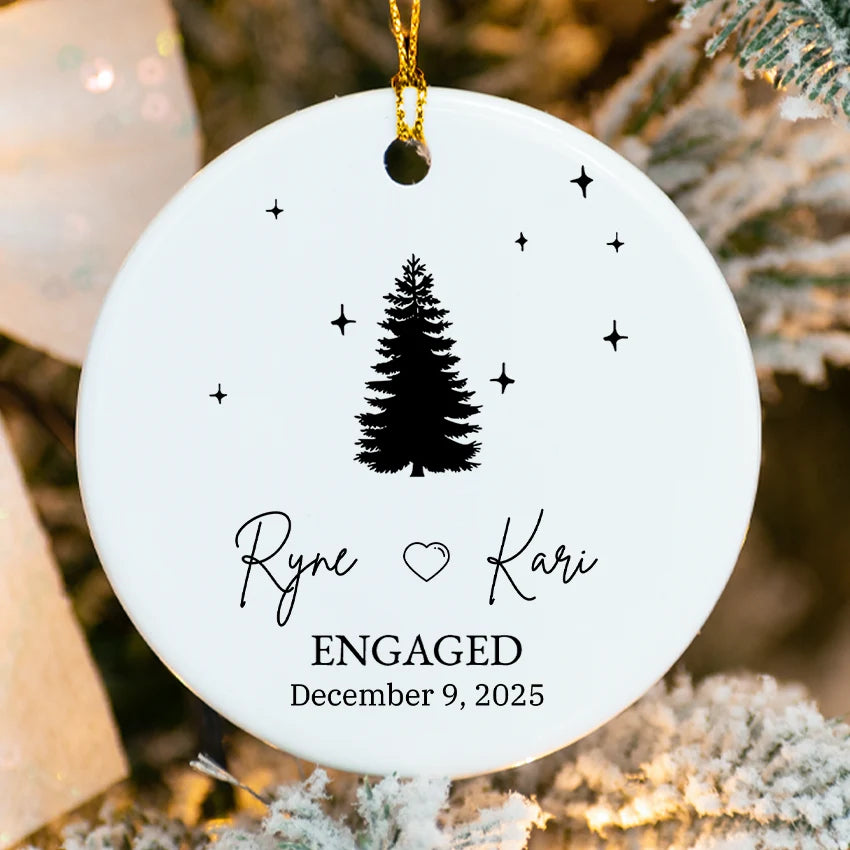 Custom porcelain engagement tree ornament with interlocked rings and engraved names 2025"