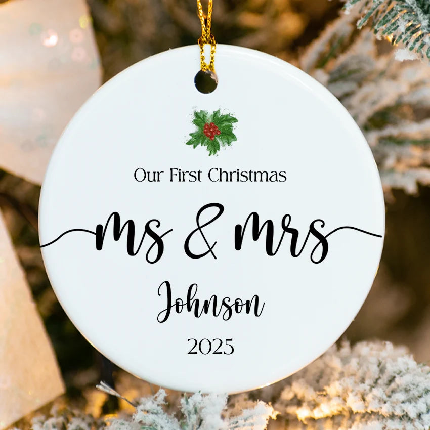 White ceramic ornament with Mr & Mrs script and holly accents, customized with names & 2025