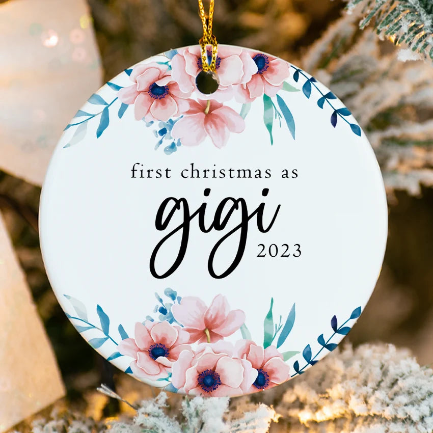 First Christmas as Gigi ornament with flower design and personalized baby name 2025