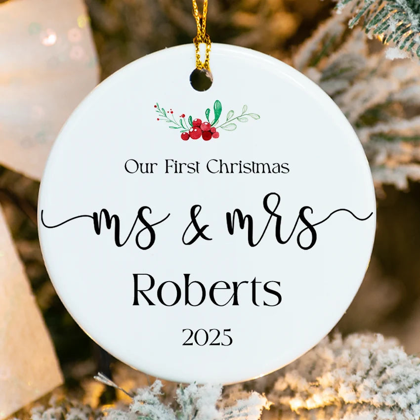 White ceramic Ms & Mrs ornament etched with the Anderson surname and 2025 surrounded by laurel wreath