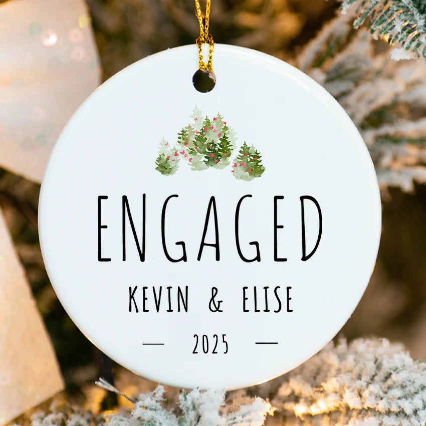 Personalized jungle-inspired engagement ornament with custom names & 2025