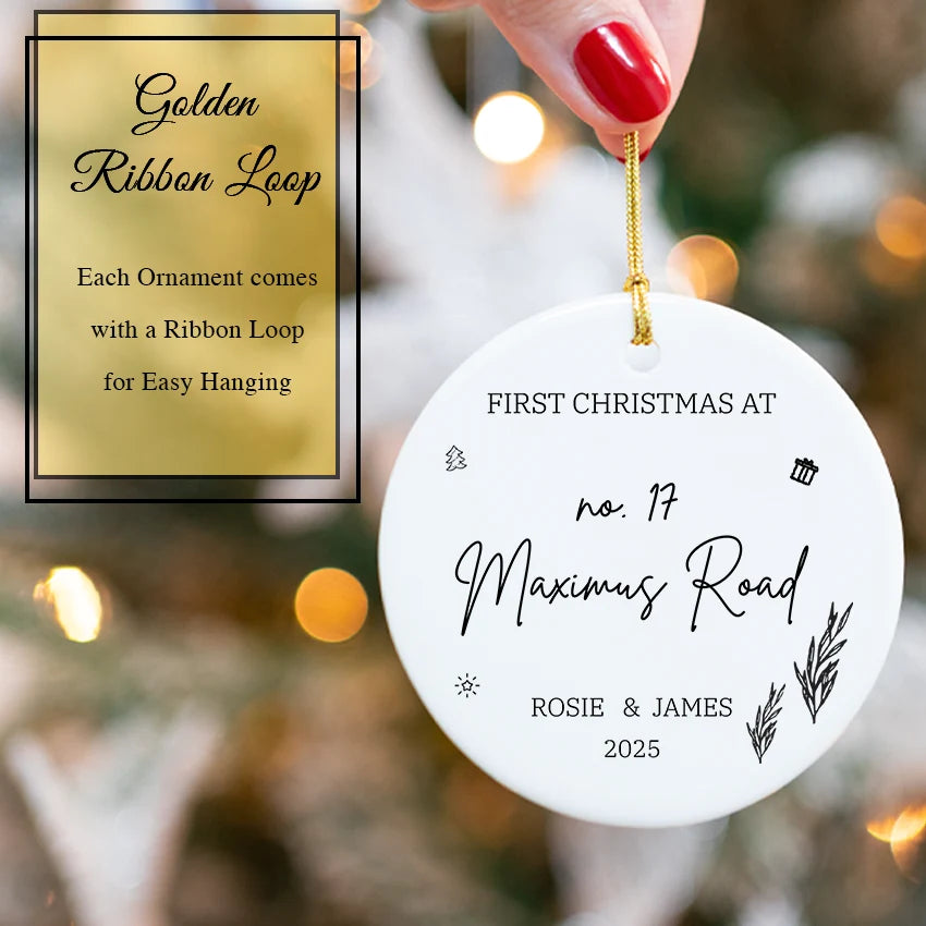 Personalized New Home Christmas Ornament – Address & Name 2025 with golden ribbon