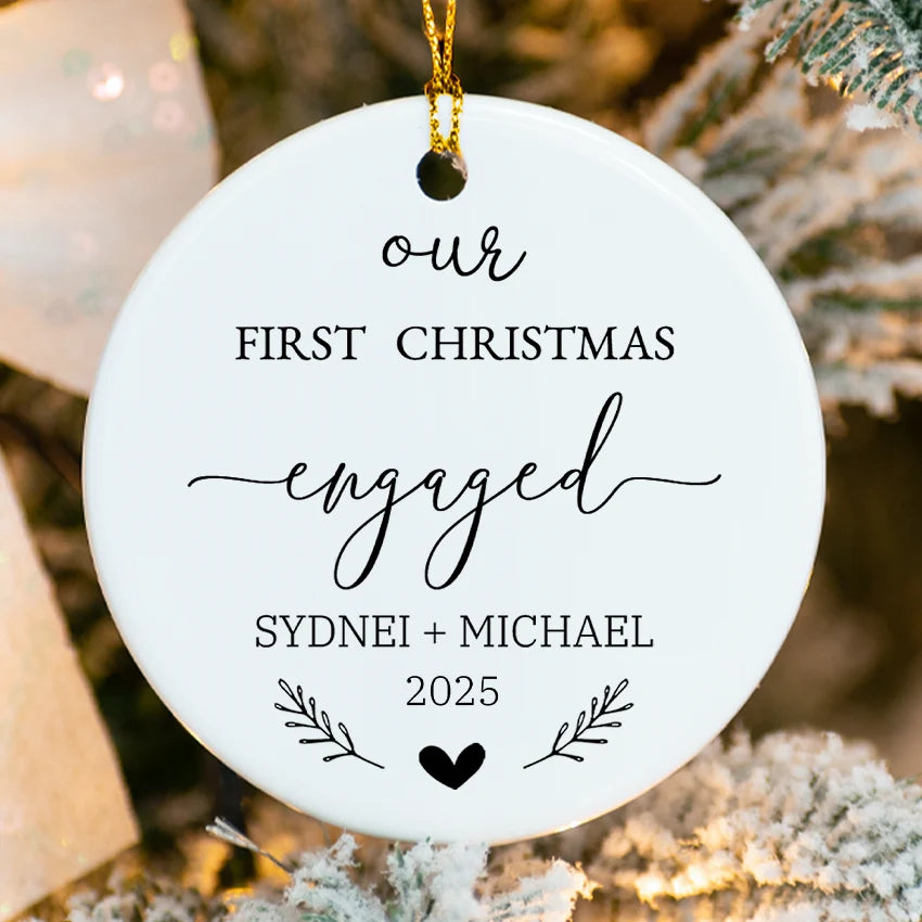 Romantic heart engagement ornament with interlocked hearts and custom names for Our First Christmas engaged