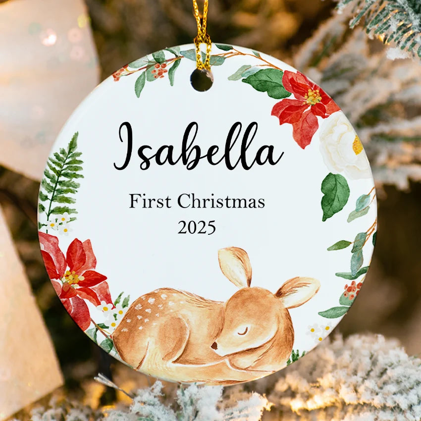 Personalized Fawn Baby’s First Christmas Ornament 2025 detailed view
