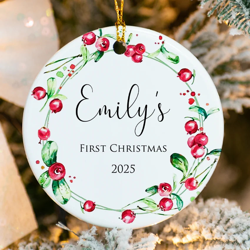 Custom First Christmas Ornament - Festive Red Berry 2025