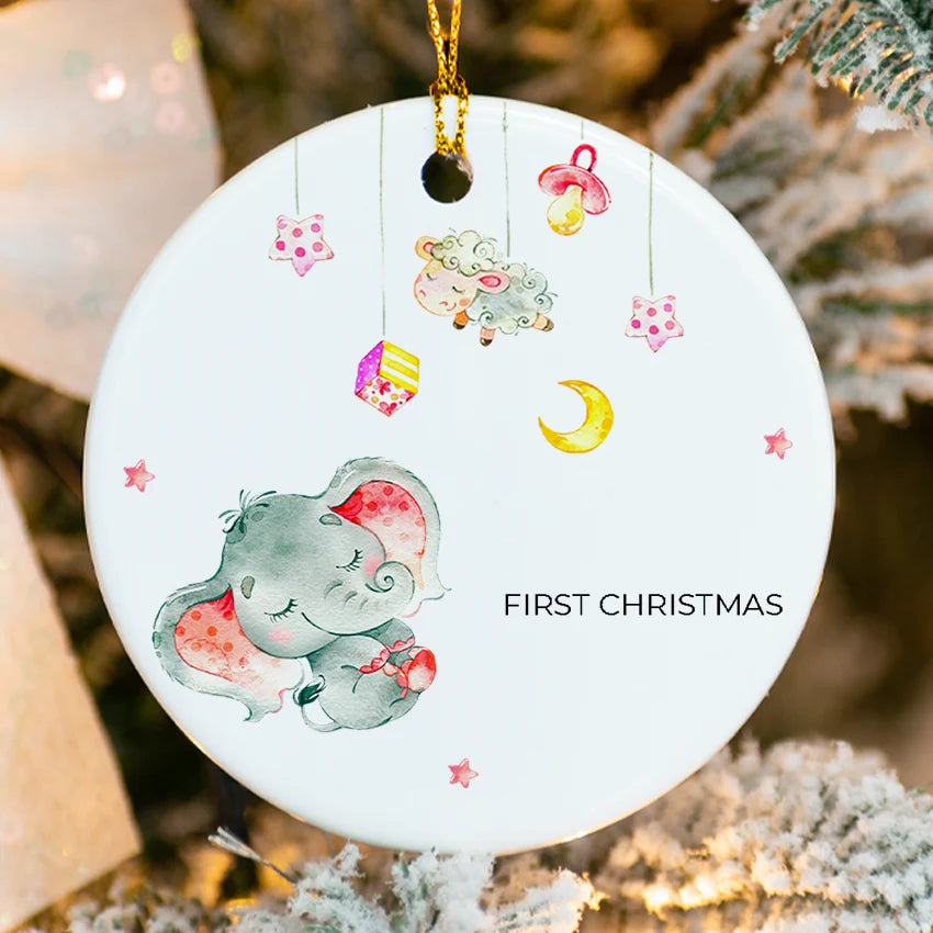 Custom Baby's First Christmas Elephant Round Ornament 2025 close up
