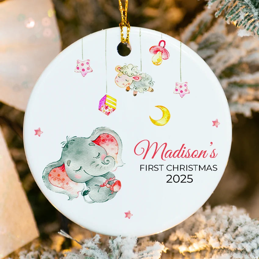 Custom Baby's First Christmas Elephant Round Ornament 2025