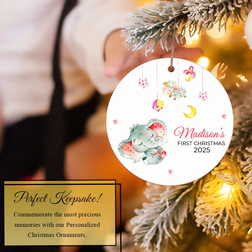 Custom Baby's First Christmas Elephant Round Ornament 2025 on christmas tree