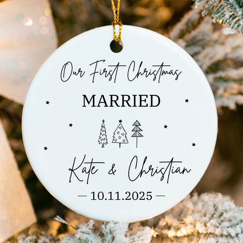 Ceramic married ornament featuring elegant scrollwork border and personalized surname 2025