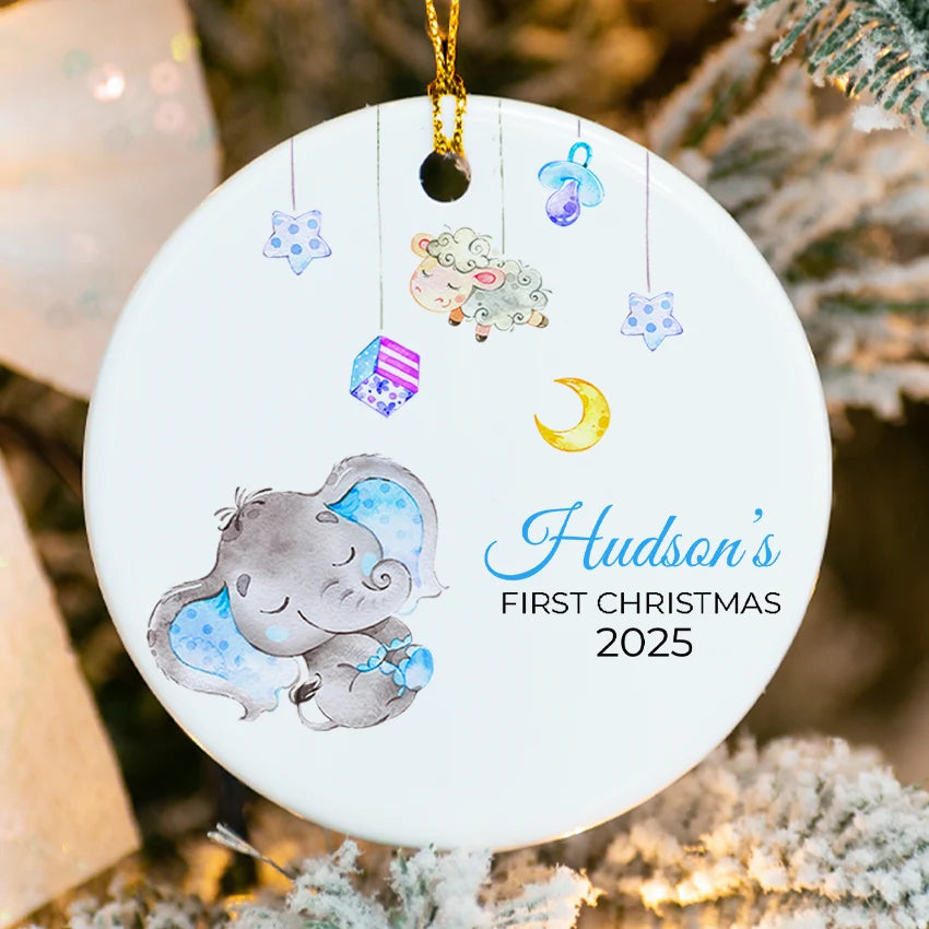 Custom Baby's 1st Christmas Elephant Round Ornament 2025