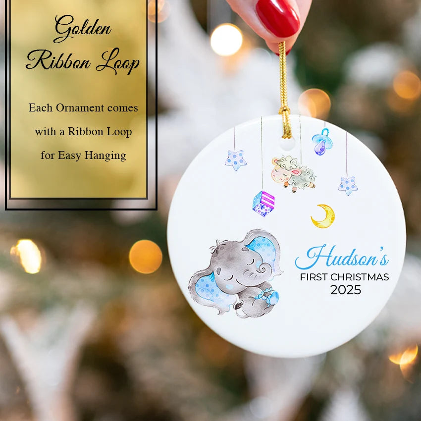 Custom Baby's 1st Christmas Elephant Round Ornament 2025 with golden ribbon