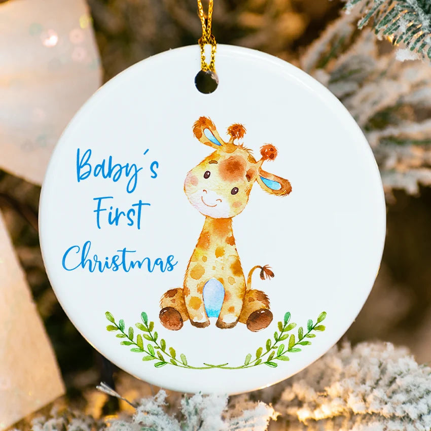 Customized Baby Giraffe - Personalized Baby’s First Christmas Ornament close up to ceramic - boy