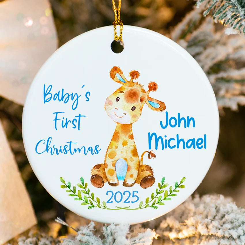 Blue Baby Giraffe Personalized Baby’s First Christmas Ornament Boy detailed view with name