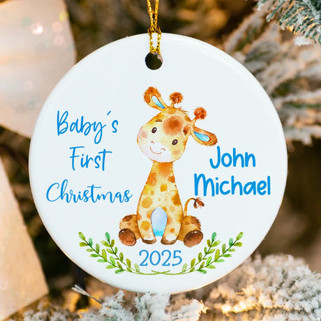 Blue Baby Giraffe Personalized Baby’s First Christmas Ornament Boy detailed view with name