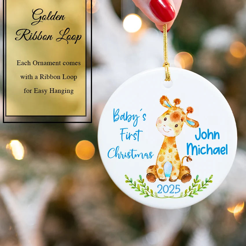 Baby Boy Giraffe - Personalized Baby’s First Christmas Ornament with golden ribbon loop