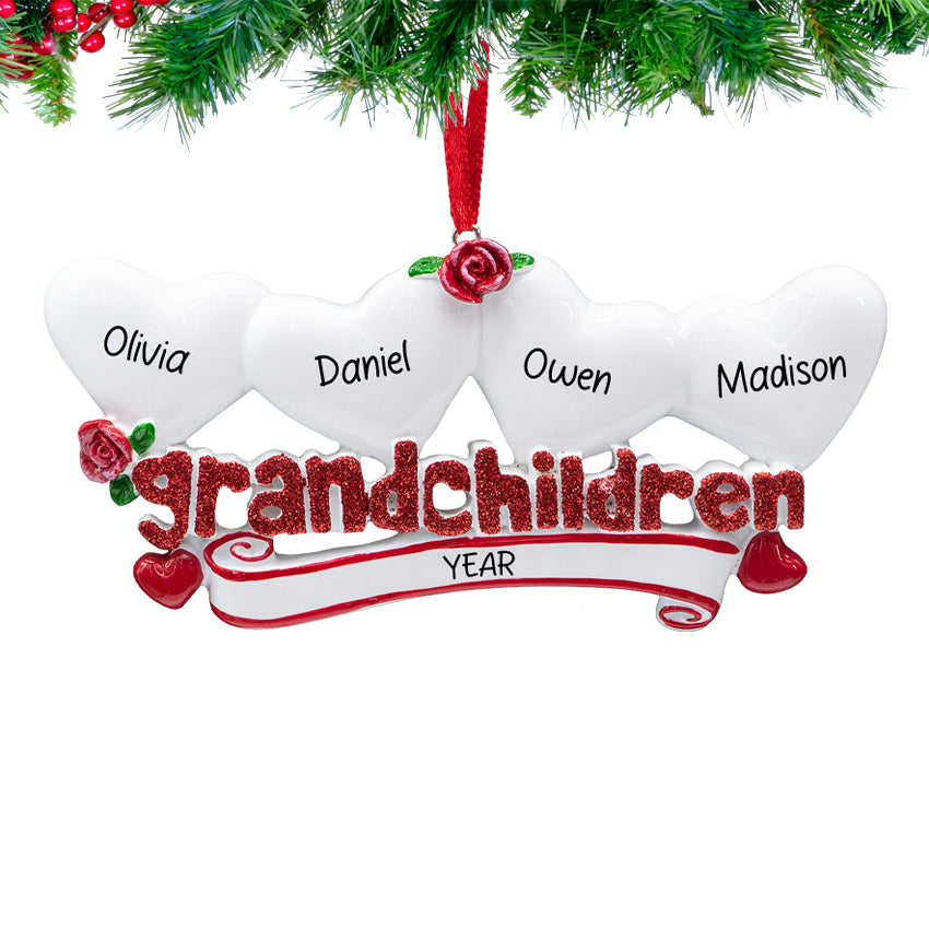 Personalized Grandchildren Christmas Ornament with 4 Hearts