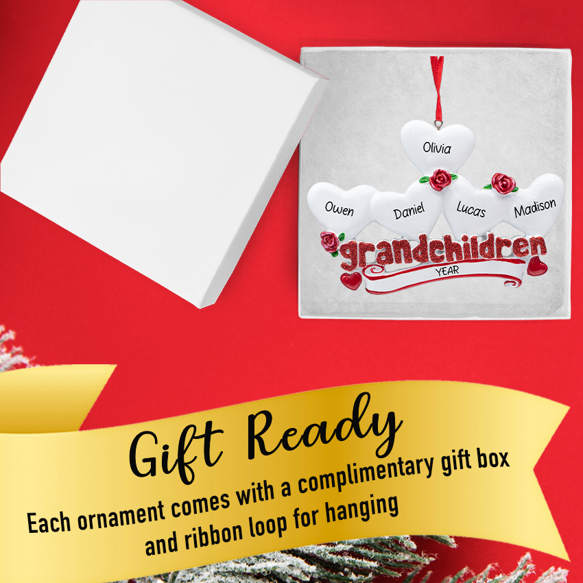 Personalized Grandchildren Christmas Ornament with 5 Hearts