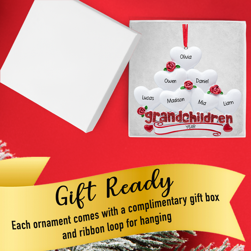 Personalized Grandchildren Christmas Ornament with 7 Hearts